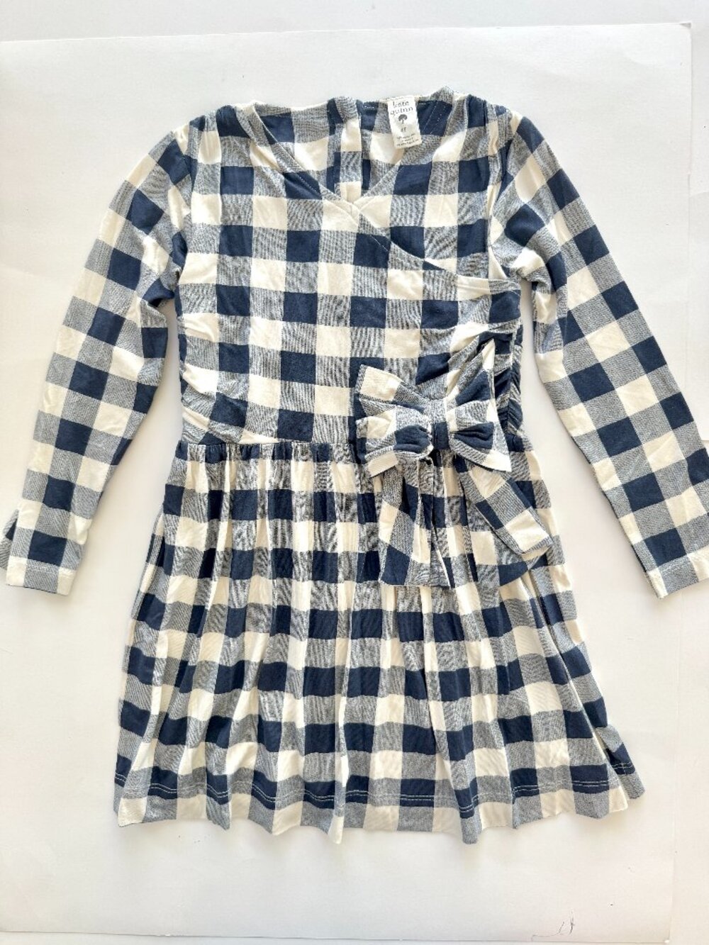 Kate Quinn Girls Dress 4T Navy Buffalo Check Bow Long Sleeve Bamboo